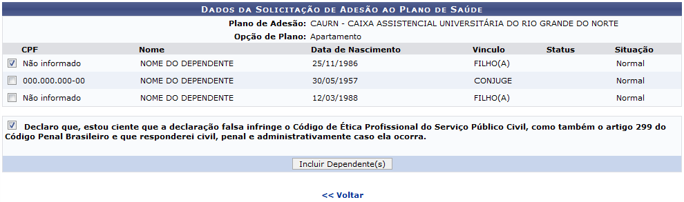 Figura 12: Dados da Solicitação de Adesão ao Plano de Saúde