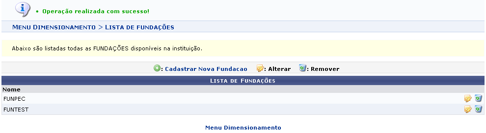 Figura 2: Mensagem de Sucesso; Lista de Fundações