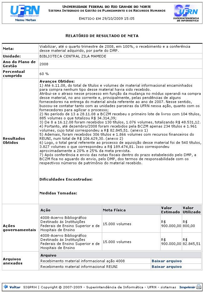 Figura 17: Relatório de resultado de meta