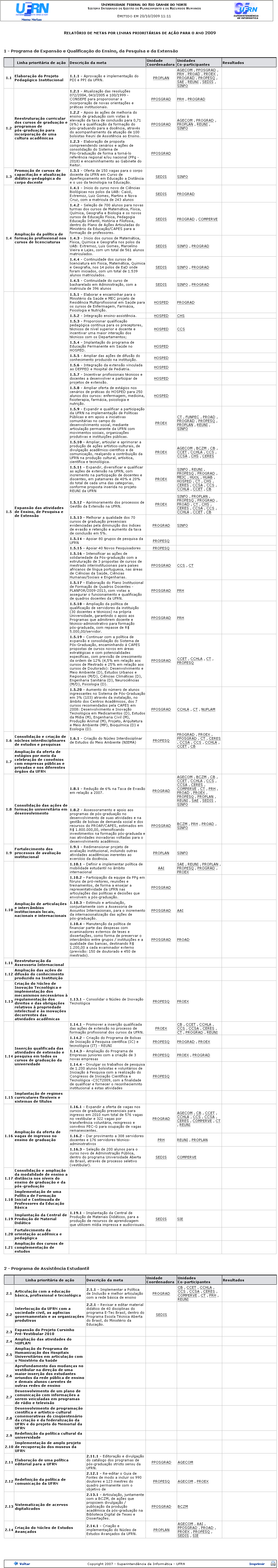 Figura 2: Relatório de Metas por Linhas Prioritárias de Ação Para o Ano 2009