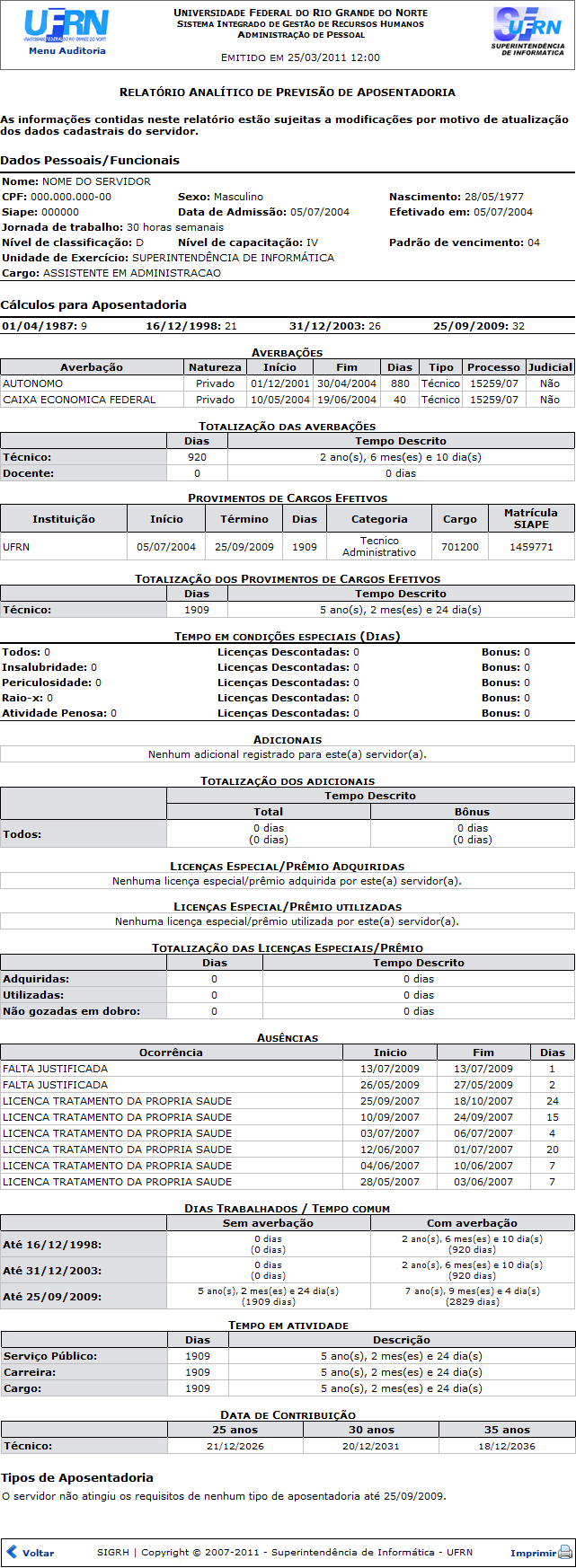 Figura 5: Relatório Analítico de Previsão de Aposentadoria