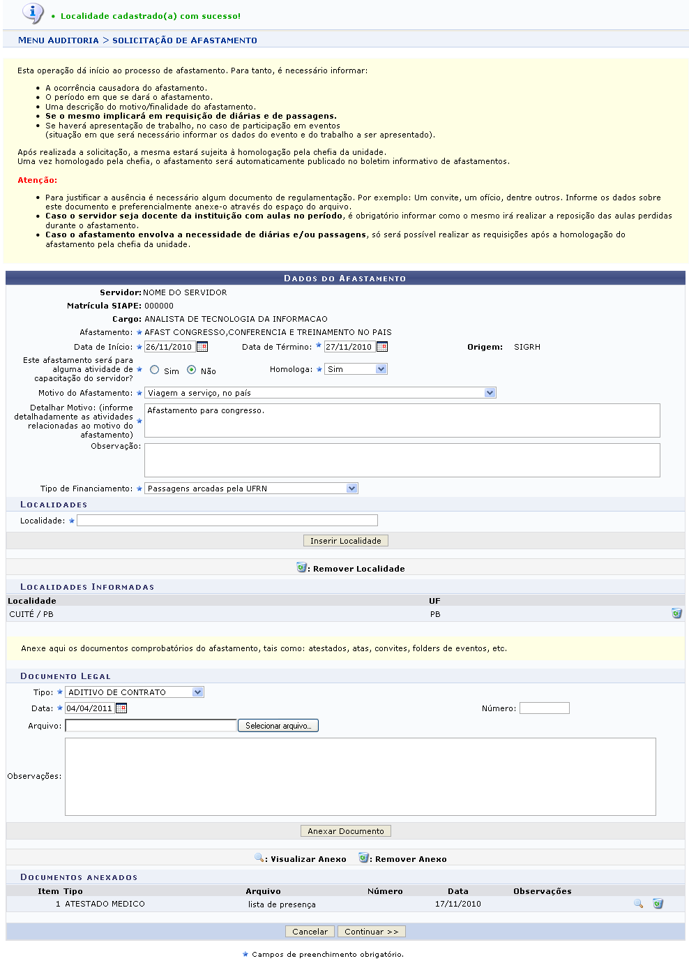 Figura 6: Localidade Cadastrado(a) com Sucesso