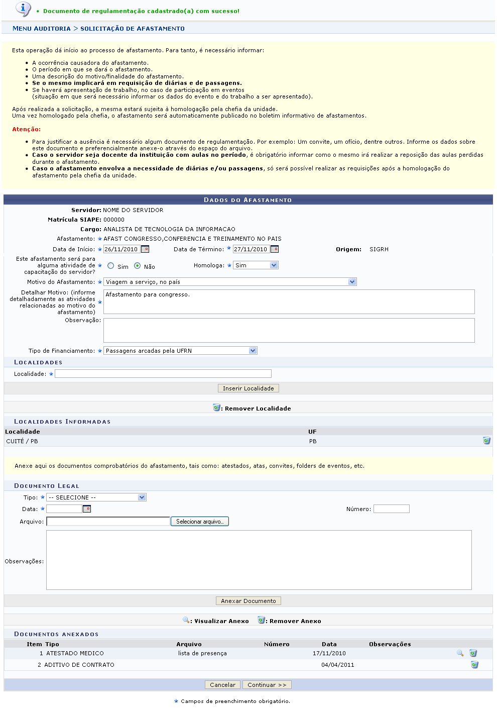 Figura 9: Documento de Regulamentação Cadastrado(a) com Sucesso
