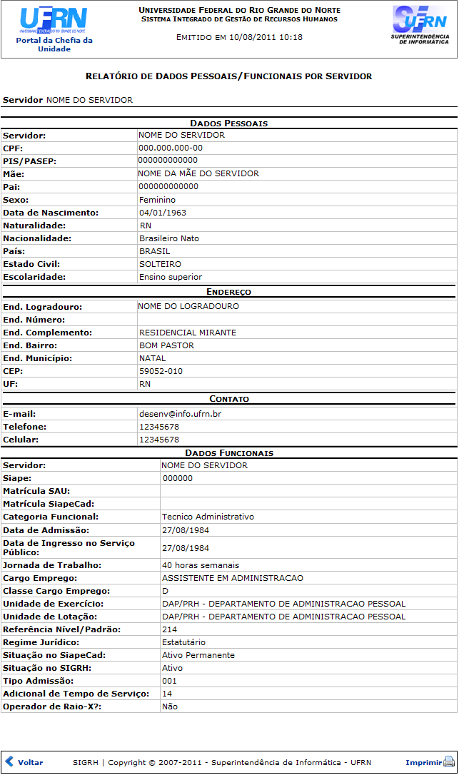 Figura 2: Relatório de Dados Pessoais/Funcionais do Servidor