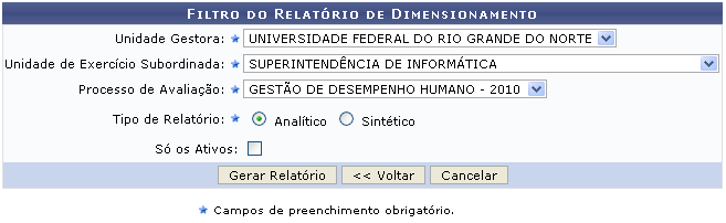 Figura 1: Filtro do Relatório de Dimensionamento