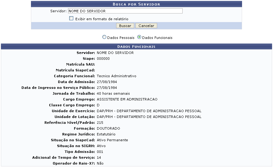 Figura 1: Busca por Servidor; Dados Funcionais