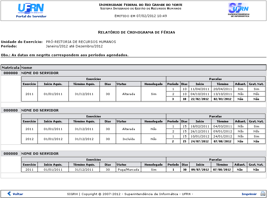 Figura 2: Cronograma de Férias
