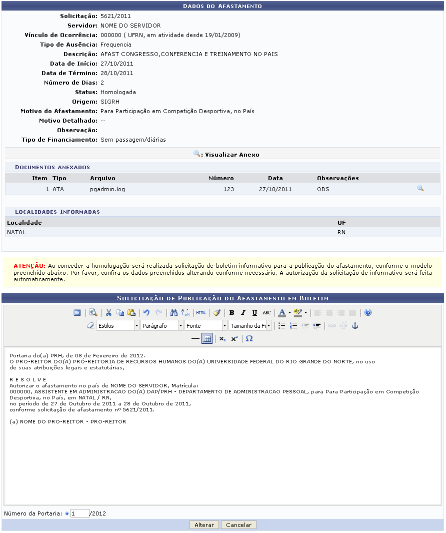 Figura 6: Solicitação de Publicação do Afastamento em Boletim