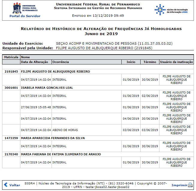 Figura 2: Relatório de Histórico de Alteração de Férias Já Homologadas