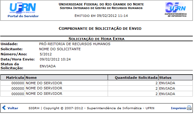 Figura 6: Comprovante de Solicitação de Envio 