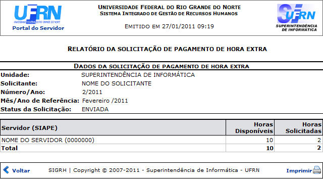 Figura 6: Relatório da Solicitação de Pagamento de Hora Extra 
