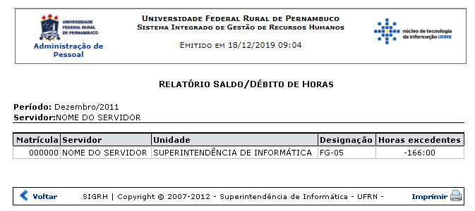 Figura 3: Relatório Saldo/Débito de Horas