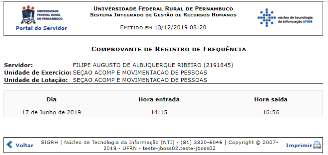 Figura 3: Comprovante de Registro do Ponto