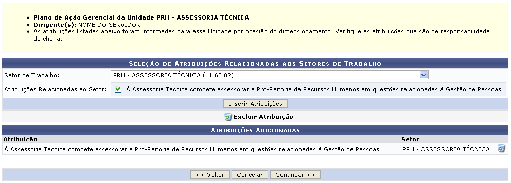 Figura 2: Seleção de Atribuições Relacionadas aos Setores de Trabalho