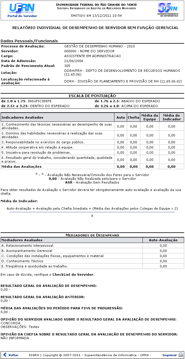 Figura 2: Relatório Individual de Desempenho de Servidor Sem Função Gerencial