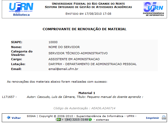 Figura 10: Comprovante de Renovação de Material