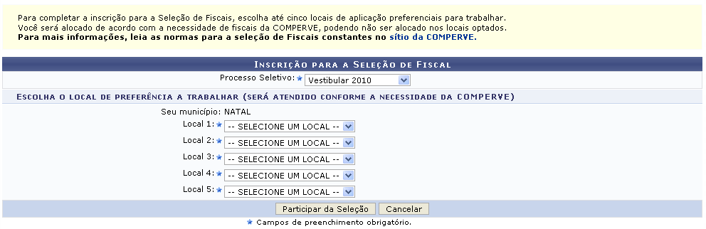 Figura 2: Inscrição para a Seleção de Fiscal