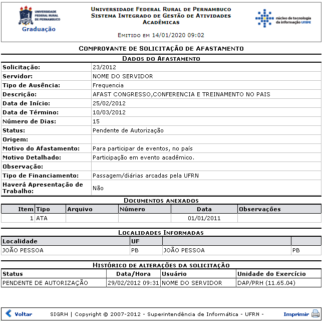 Figura 6: Comprovante de Solicitação de Afastamento