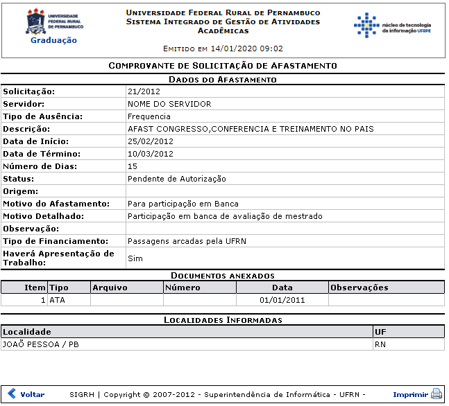 Figura 10: Comprovante de Solicitação de Afastamento