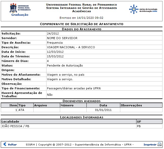 Figura 10: Comprovante de Solicitação de Afastamento