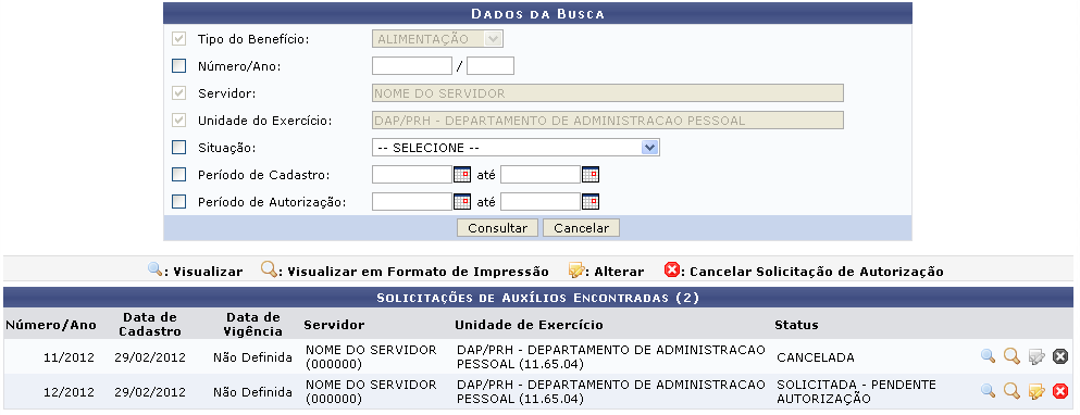 Figura 1: Dados da Busca; Solicitações de Auxílios Encontradas