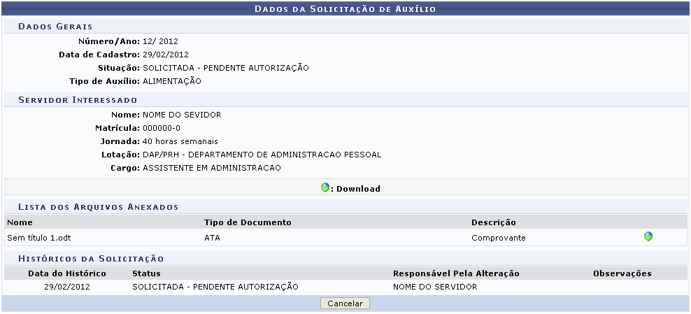 Figura 2: Dados da Solicitação de Auxílio