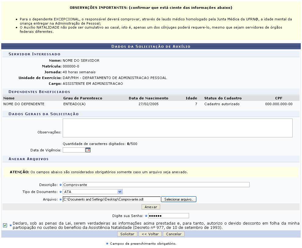 Figura 4: Dados da Solicitação de Auxílio