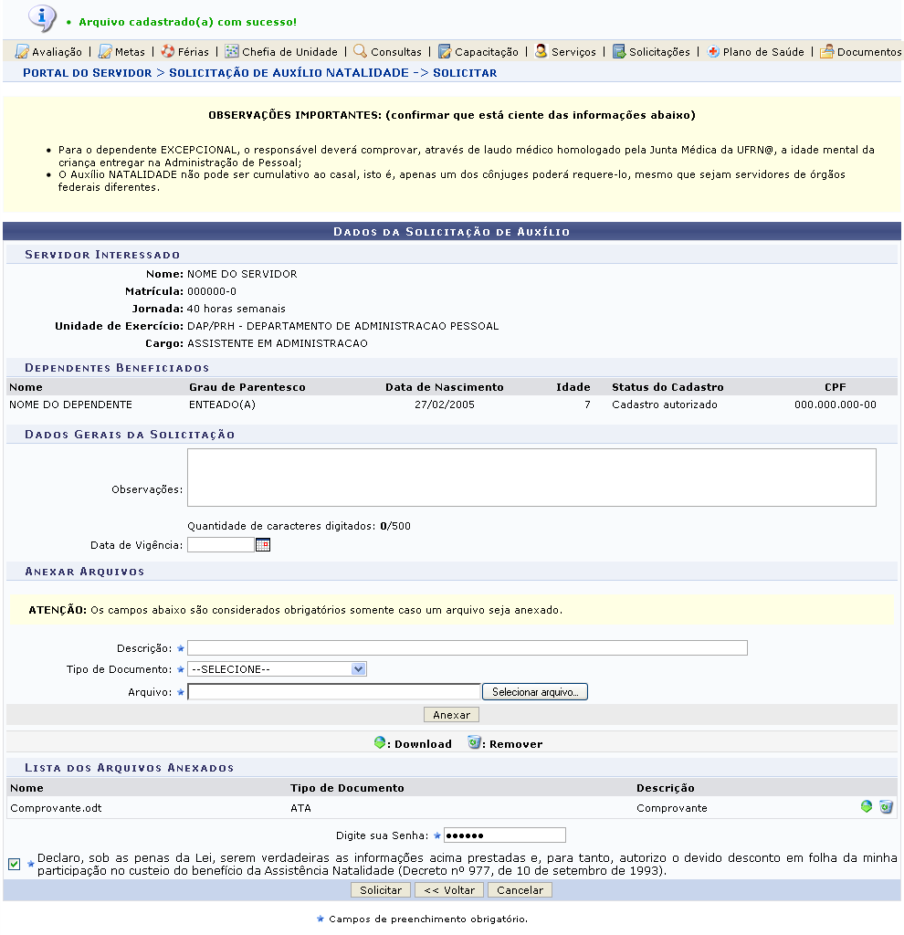 Figura 5: Mensagem de Sucesso; Lista dos Arquivos Anexados