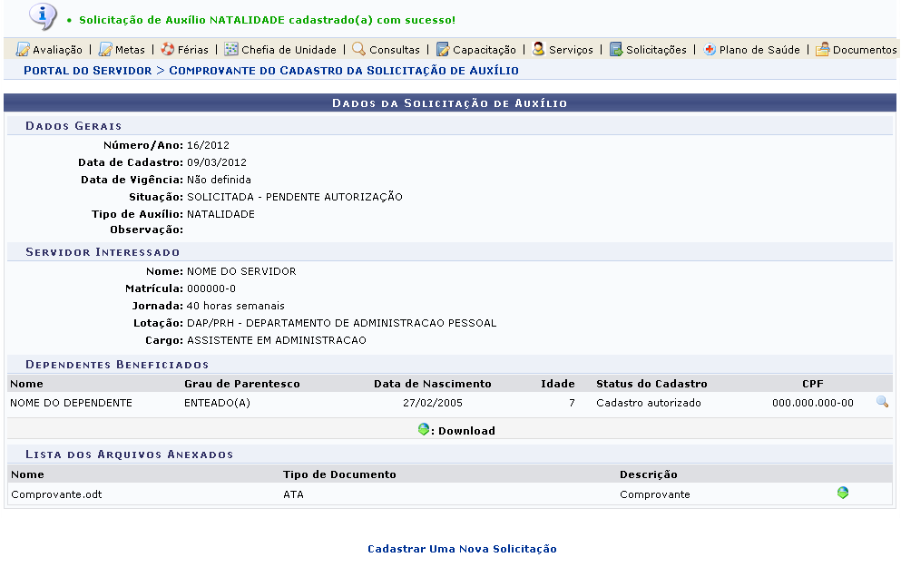 Figura 8: Mensagem de Sucesso; Dados da Solicitação de Auxílio