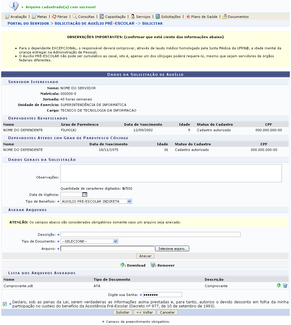 Figura 3: Mensagem de Sucesso; Lista dos Arquivos Anexados