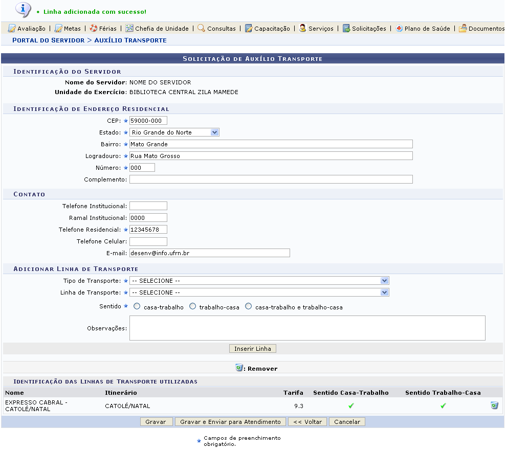 Figura 2: Mensagem de Sucesso; Solicitação de Auxílio Transporte