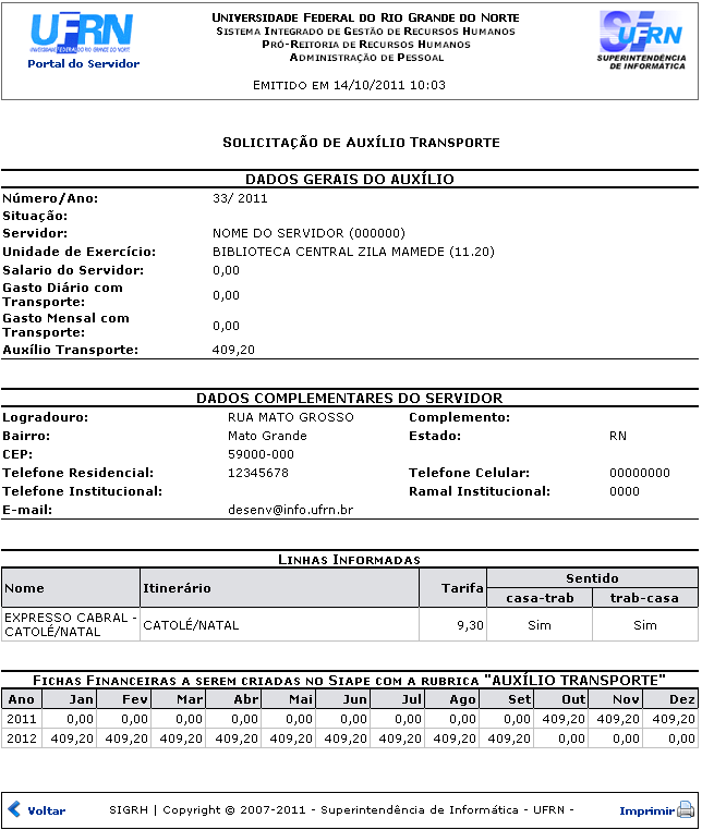 Figura 6: Relatório da Solicitação de Auxílio Transporte