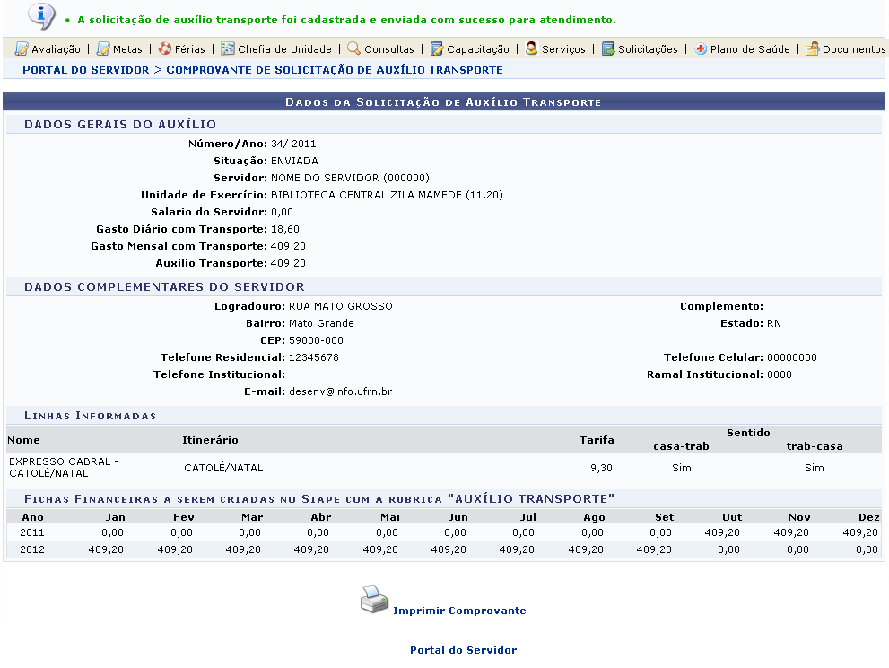 Figura 7: Mensagem de Sucesso; Dados da Solicitação de Auxílio Transporte