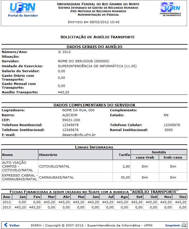 Figura 8: Relatório de Solicitação de Auxílio Transporte