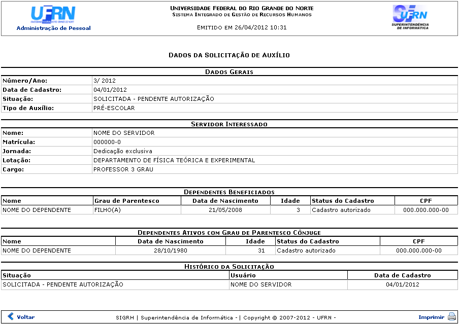 Figura 5: Dados da Solicitação de Auxílio - Formato de Impressão