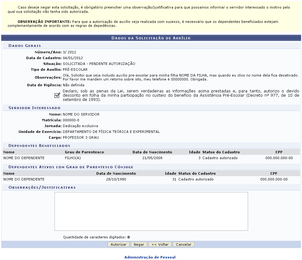 Figura 6: Dados da Solicitação de Auxílio