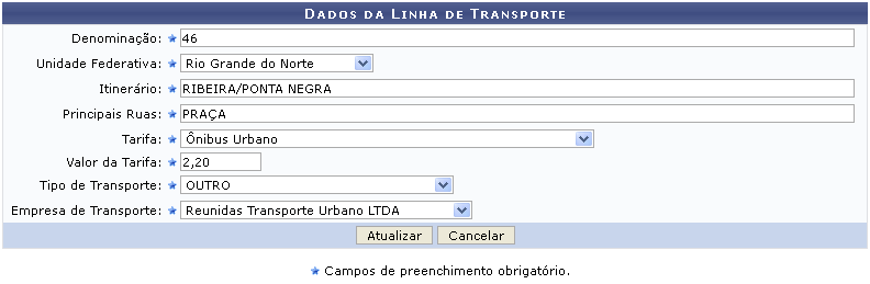 Figura 4: Dados da Linha de Transporte - Alterar