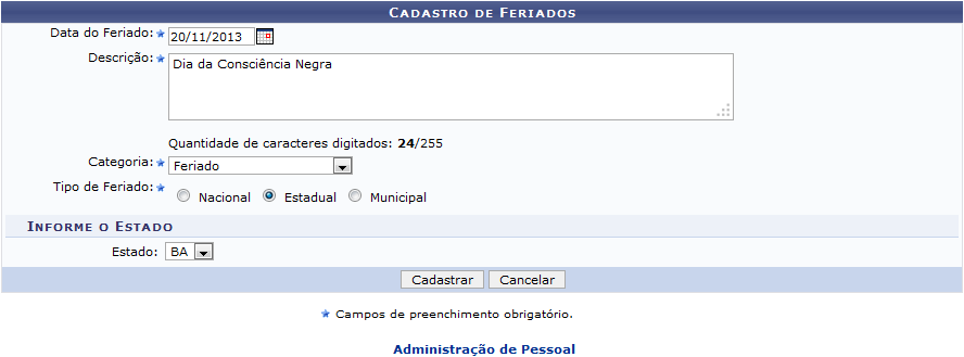 Figura 1: Cadastro de Feriados