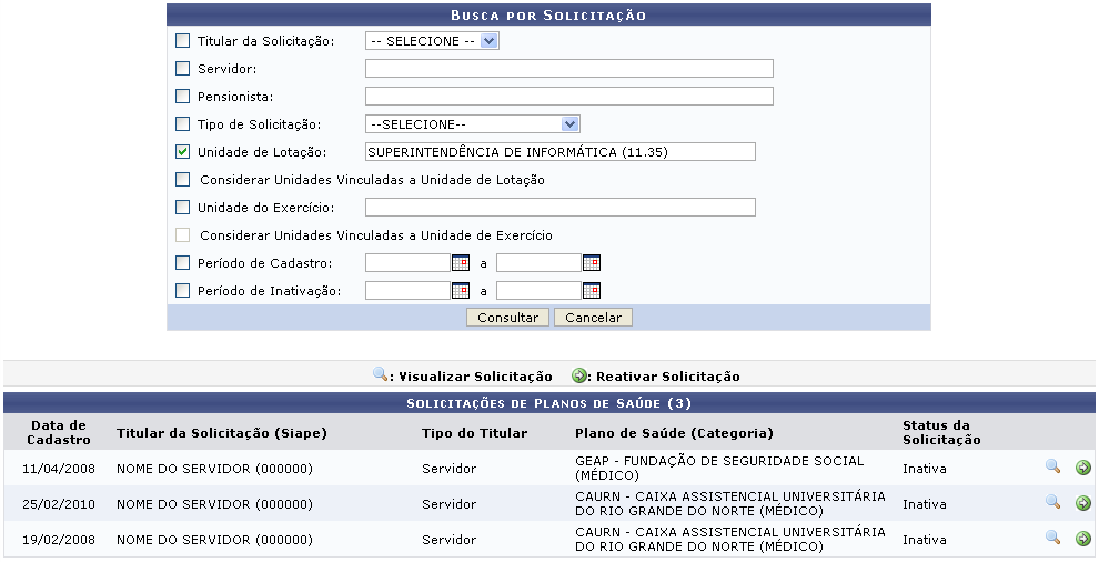 Figura 2: Solicitações de Plano de Saúde