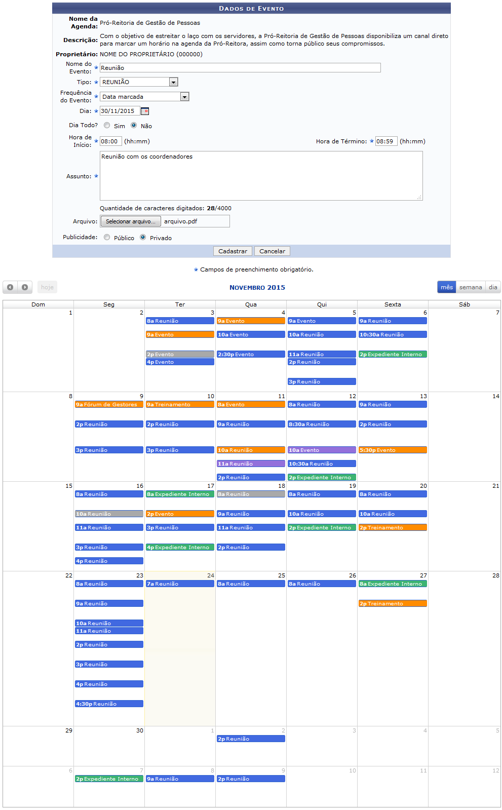 Figura 4: Dados do Evento; Calendário de Novembro de 2015