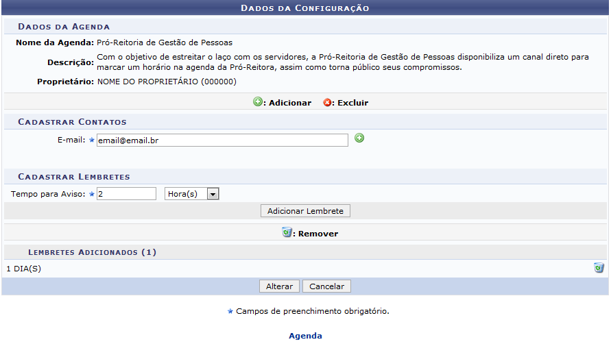 Figura 1: Dados da Configuração: Dados da Agenda