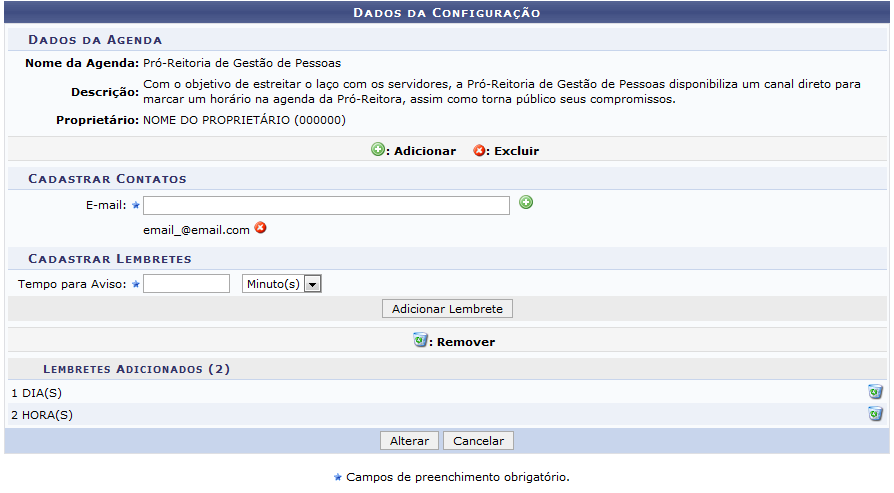 Figura 3: Dados da Configuração; Dados da Agenda; Cadastrar Contatos; Cadastrar Lembretes; Lembretes Adicionados