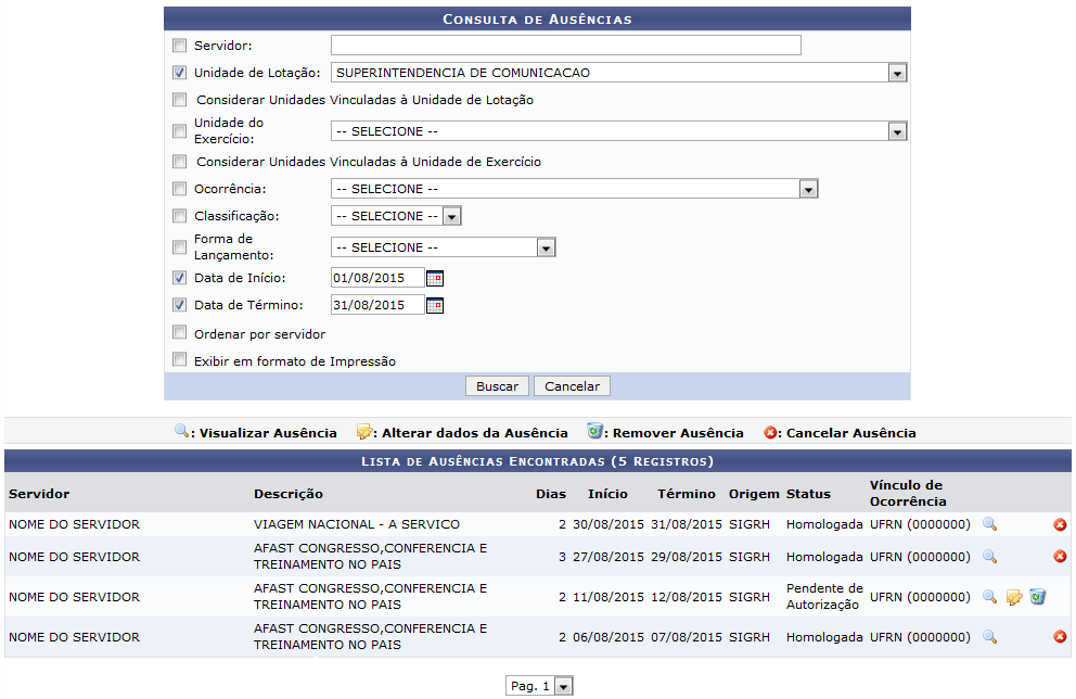 Figura 2: Consulta de Ausências; Lista de Ausências Encontradas