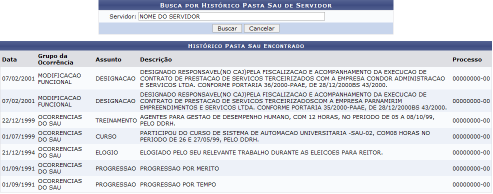 Figura 2: Busca por Histórico Pasta Sau de Servidor; Histórico Pasta SAU Encontrado