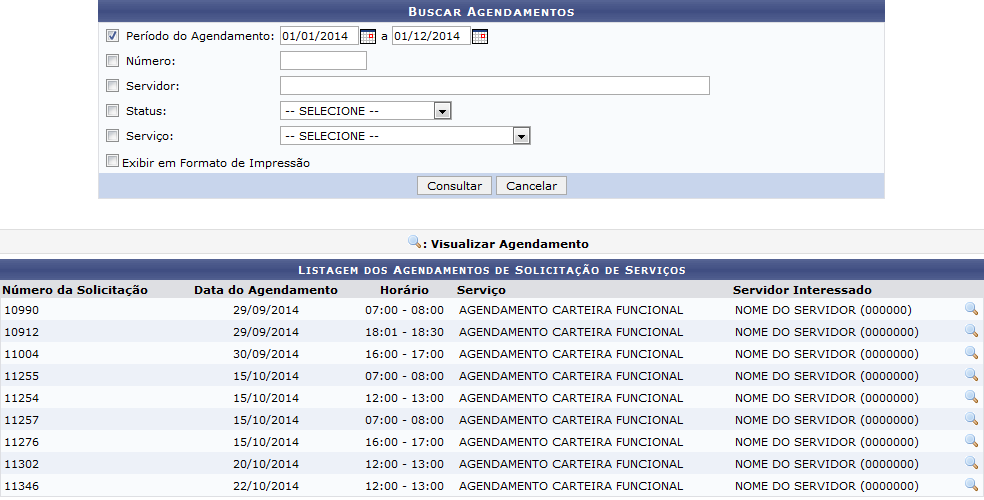 Figura 2: Buscar Agendamentos; Listagem dos Agendamentos de Solicitação de Serviços