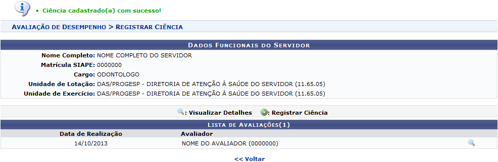 Figura 5: Ciência Registrada; Mensagem de Sucesso