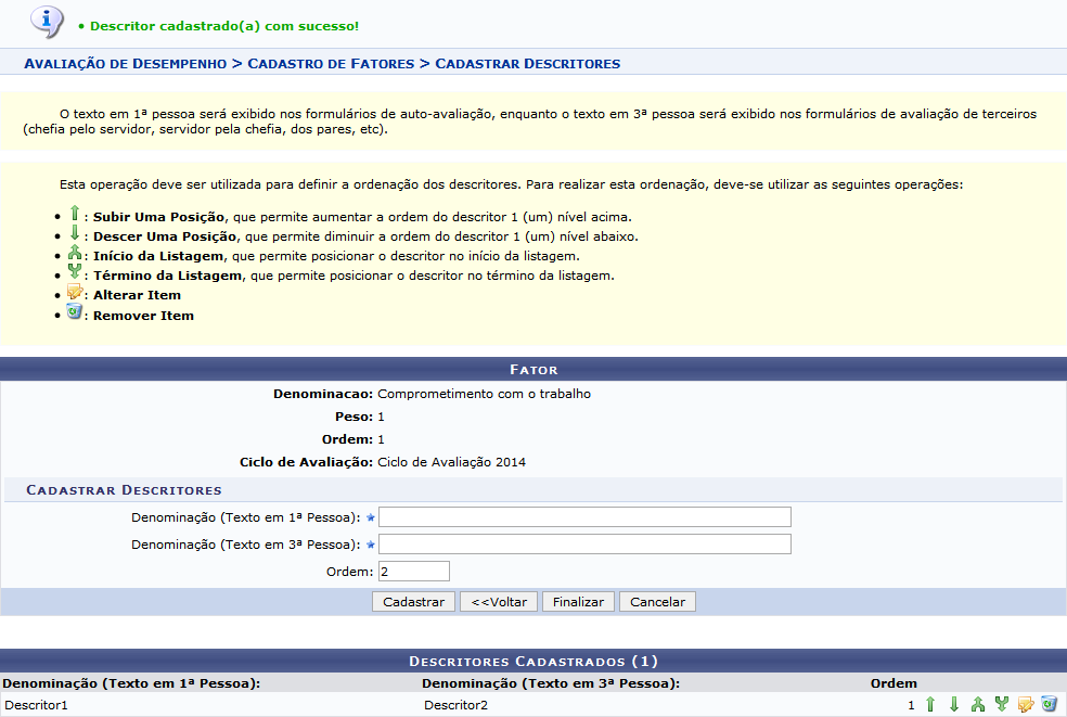 Figura 13: Fator; Descritores Cadastrados