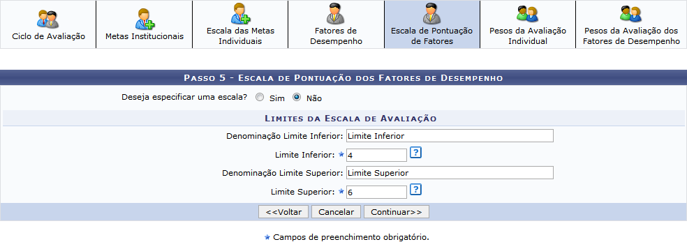 Figura 22: Passo 5 - Escala de Pontuação dos Fatores de Desempenho