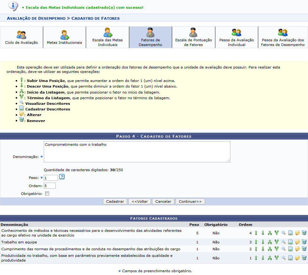 Figura 9: Passo 4 - Cadastro de Fatores; Fatores Cadastrados
