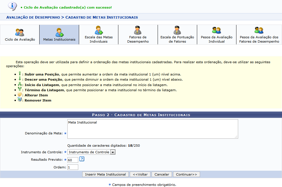 Figura 2: Passo 2 - Cadastro de Metas Institucionais